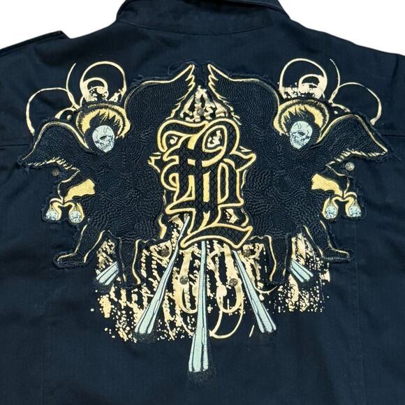 Blac Label 68 Shacket Mens Black Gold Embroidered Skulls Iron Cross Shirt ~XL - Picture 5 of 9
